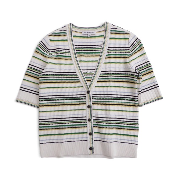 Veronica Beard Sweaters - Veronica Beard Womens Varia Cardigan White Multi Metallic Stripe Ribbed Knit XS